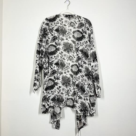FLAX Black White Floral Linen Lightweight Jacket Sz L Drip Waterfall Front /Tie - Picture 6 of 11
